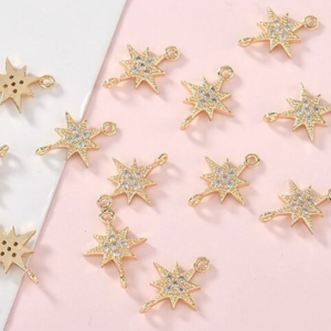 6pcs Mini Gold Micro Pave Star burst Charms, Cubic Zirconia Star Charms and Dainty Celestial for Jewelry Making Supplies