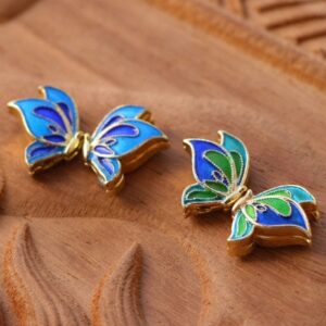 butterfly charms - cloisonne pendant - cloisonne beads - cloisonne butterfly - 4pcs brass plated gold bluish blue cloisonne bead