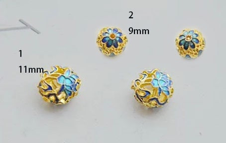 cloisonne pendant - cloisonne beads  - 4pcs brass plated gold bluish blue bead