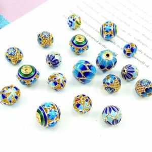 Cloisonne Pendant | Cloisonne Beads | Brass Plated Gold Bluish Blue Cloisonne Beads 4pcs