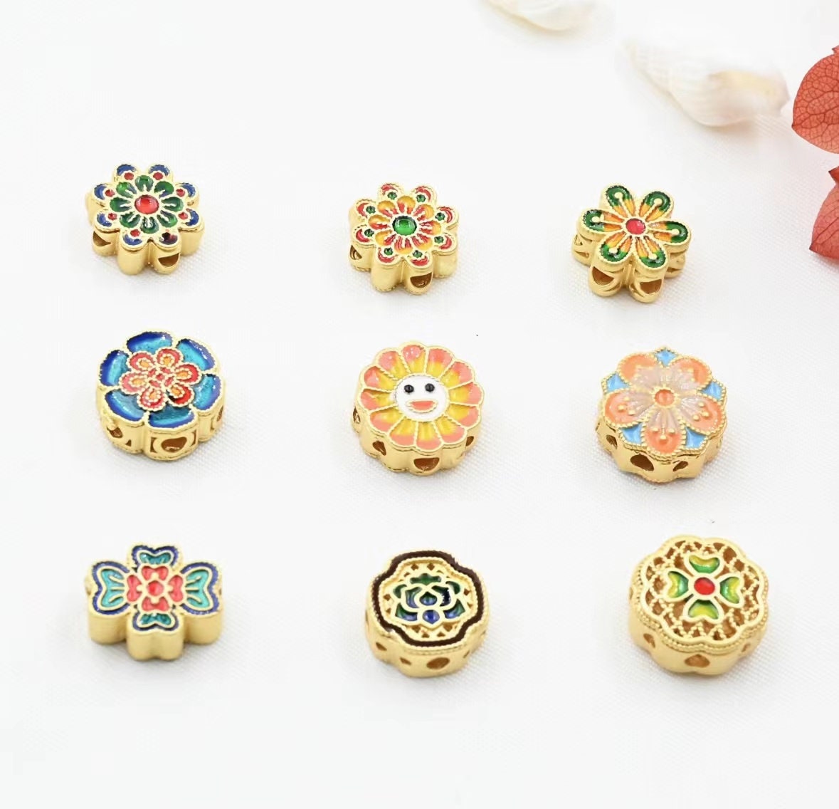 6pcs Cloisonne Pendant | Cloisonne Beads |  Brass Plated Gold Bluish Blue Cloisonne Beads