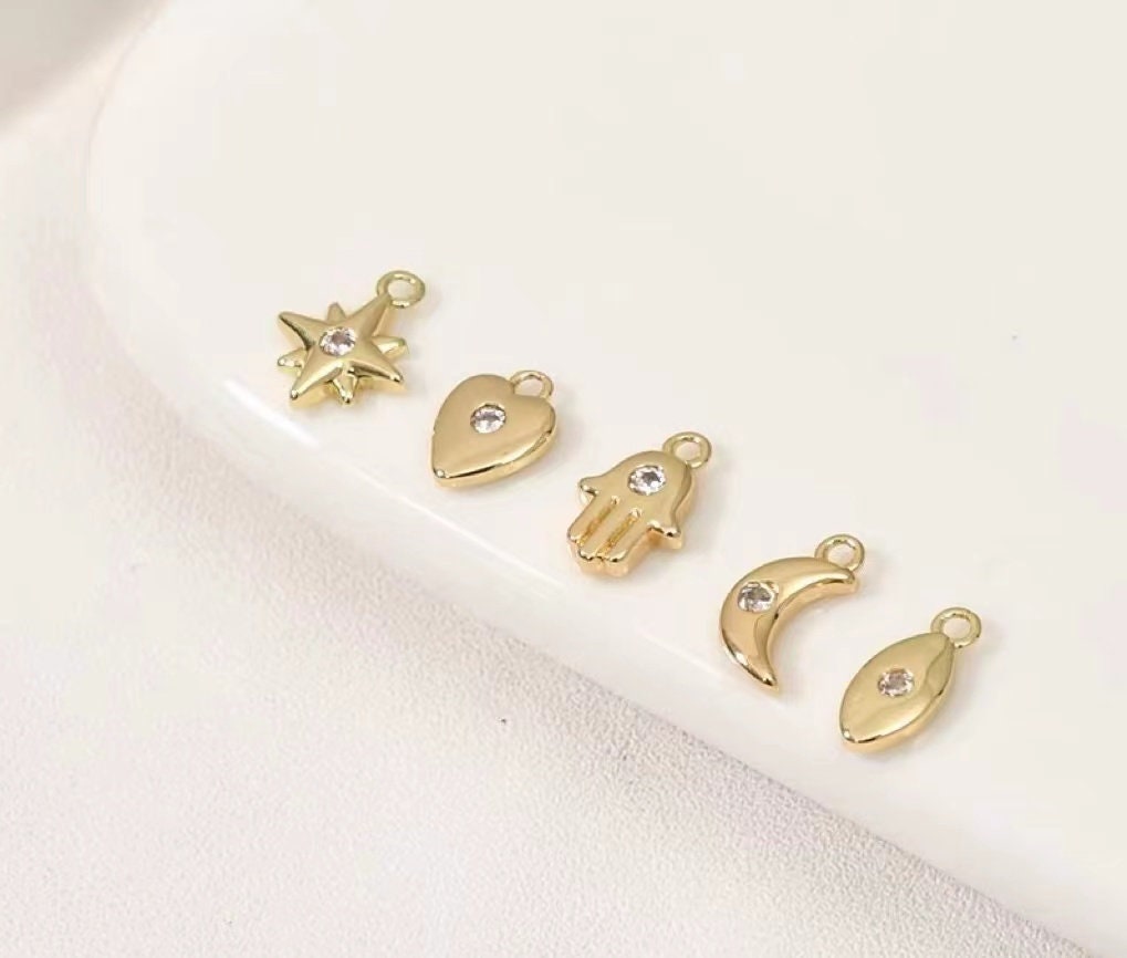 8pcs Mini Gold Plated Charms - Moon, Stars, Hearts, Hands - Jewelry Making Components for DIY  jewelry making