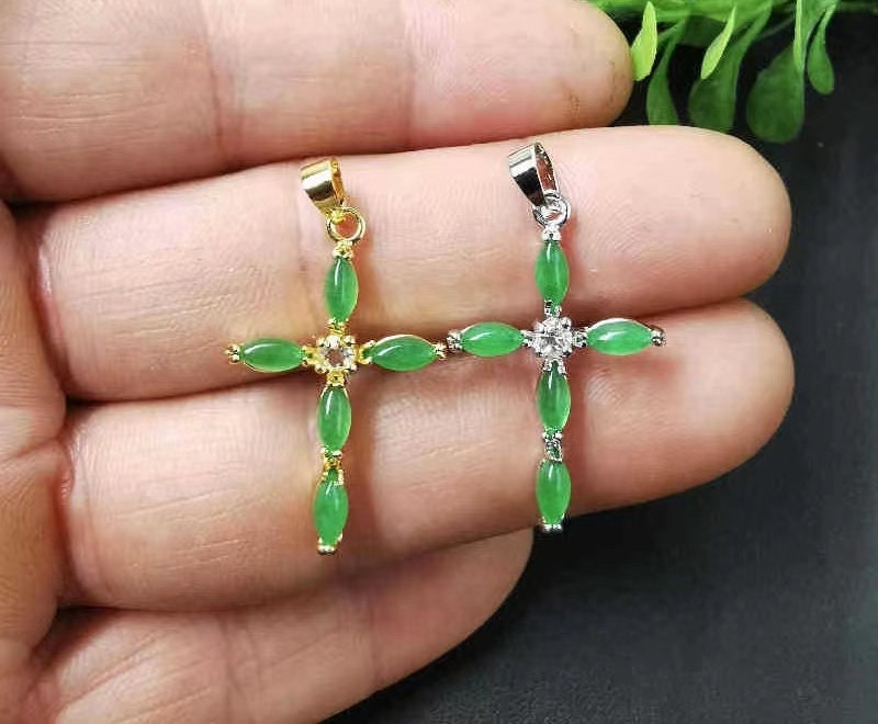 1 piece Dainty Green Jade Cross Pendant - Necklace & Earring Component for Jewelry Making