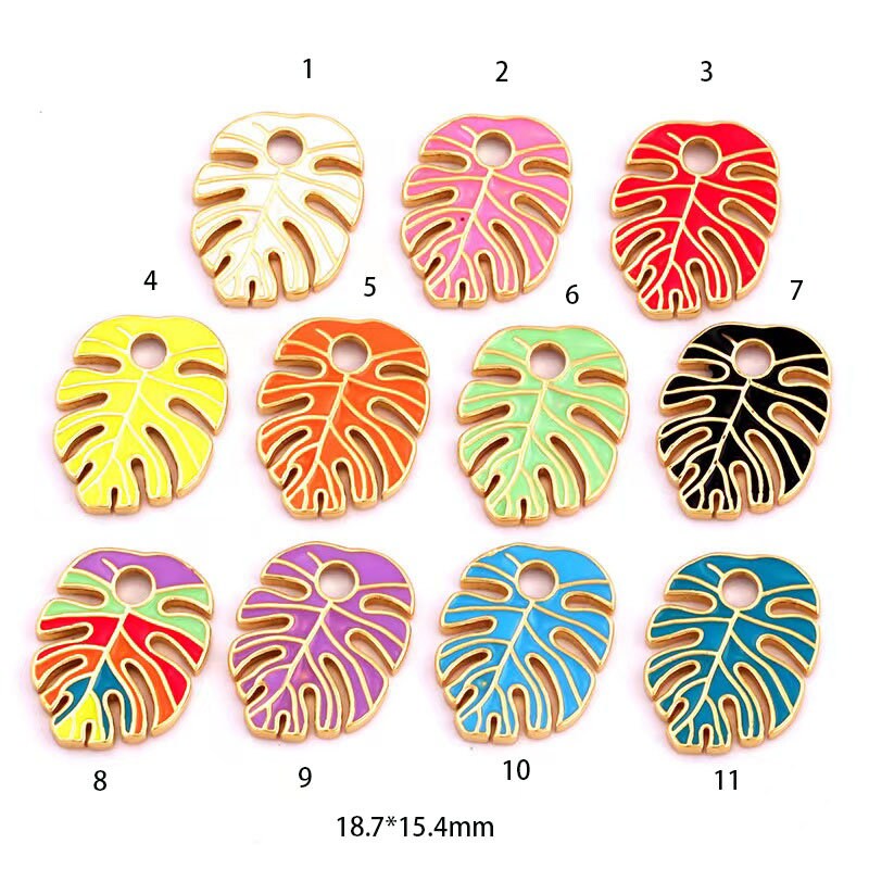 10pcs Gold Filled Colorful Enamel Monstera Leaf Charm - Tropical Plant Pendant for Jewelry