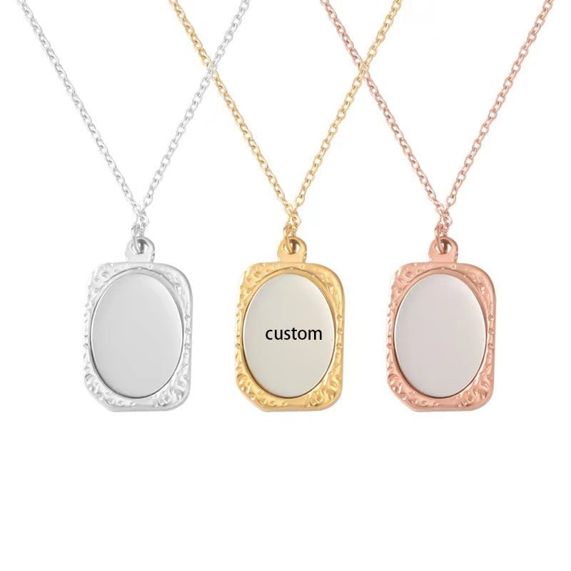 1 pc gold and silver Stainless Steel necklace with Custom Laser Engraved rectangular pendant  and Stamping Blanks oval charm