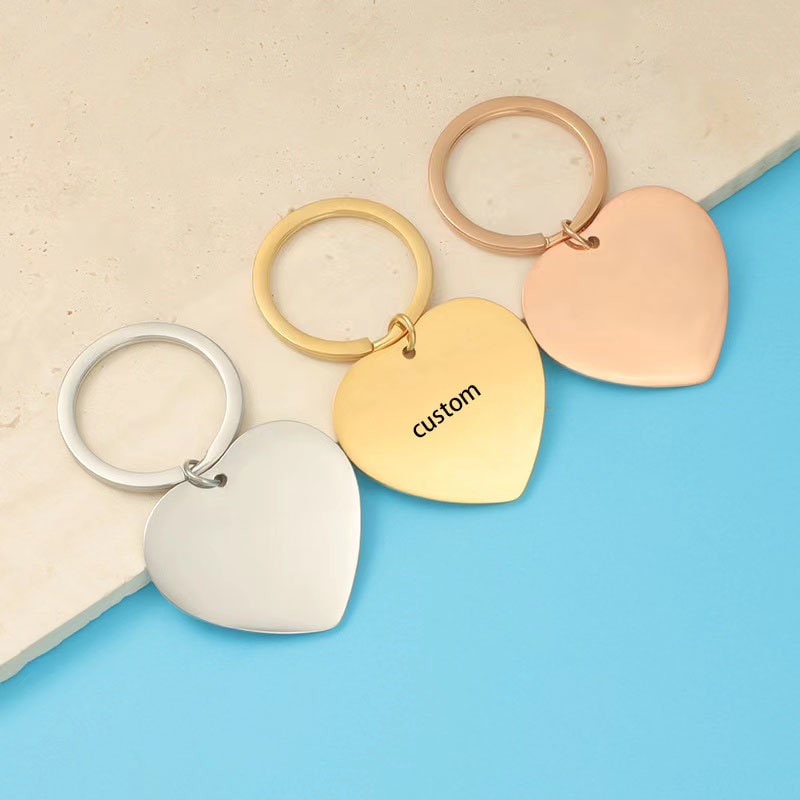 1 pc gold and silver Stainless Steel Custom Laser Engraved  and Stamping Blanks heart shape key chain